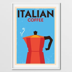 Może przedstawiać: Plakat w stylu vintage z niebieskim tłem i tekstem "ITALIAN COFFEE" w kolorze czarnym. Widoczny jest czerwony i pomarańczowy czajnik do kawy z czarnym uchwytem, z kt&oacute;rego unosi się para.