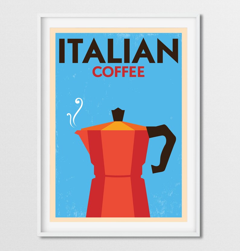 Może przedstawiać: Plakat w stylu vintage z niebieskim tłem i tekstem "ITALIAN COFFEE" w kolorze czarnym. Widoczny jest czerwony i pomarańczowy czajnik do kawy z czarnym uchwytem, z kt&oacute;rego unosi się para.