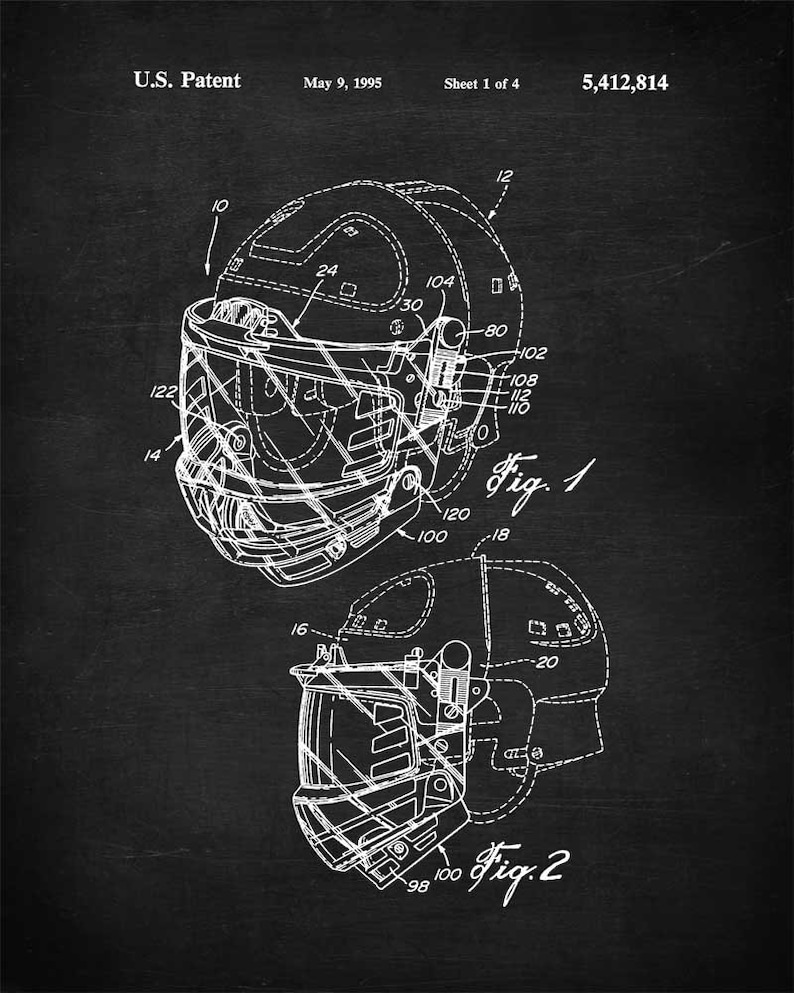 May include: A black and white line drawing of a football helmet with a face mask. The helmet has a number of different parts labeled with numbers. The drawing is on a black background. The text "U.S. Patent", "May 9, 1995", "Sheet 1 of 4", and "5,412,814" is visible at the top of the image.