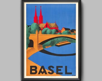 Reisposter Basel-Zwitserland - Vintage Europe Tourism Art