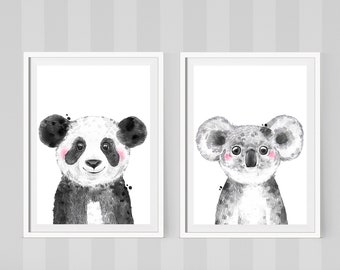 Décoration d’art mural de pépinière, Panda et koala, Gravures d’animaux de pépinière, Ensemble de 2, Aquarelle, Art d’affiche de bois