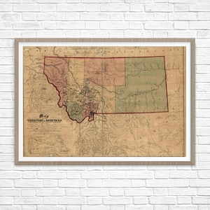 Old Map of Montana, Montana Map 1865, Territory of Montana, Antique Restoration Hardware Style, Montana Wall Map, Vintage Wall Home Decor