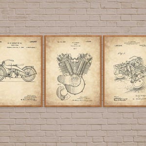 May include: Three vintage black and white patent drawings for a motorcycle engine and motorcycle. The drawings are on a cream-colored background with black text. The text includes the patent number, date, and inventor's name. The drawings are titled "Motorcycle Engine" and "Motorcycle".