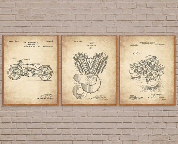 Harley Art Set of 3, motorcycle lover gift, gift for him, Harley Davidson, motorcycle art, harley, harley motorcycle, patent poster