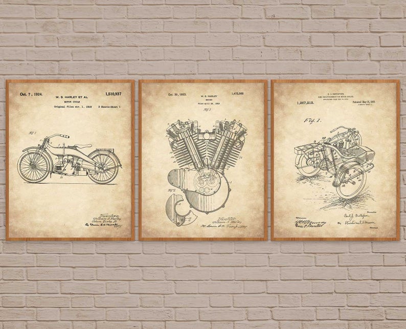 May include: Three vintage black and white patent drawings for a motorcycle engine and motorcycle. The drawings are on a cream-colored background with black text. The text includes the patent number, date, and inventor's name. The drawings are titled "Motorcycle Engine" and "Motorcycle".