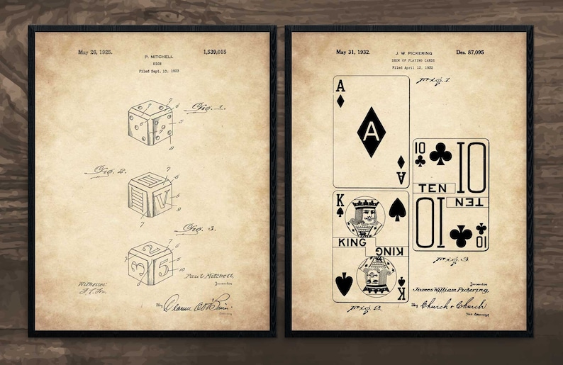 May include: Two vintage patent drawings. The left drawing shows a design for a toy block with the letter V on one side. The right drawing shows a design for a deck of playing cards with the Ace of Spades and the Ten of Clubs.