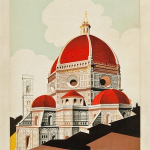 May include: A vintage travel poster featuring a red and white illustration of the Duomo in Florence, Italy. The poster has the text "FIRENZE" in bold white letters at the bottom.