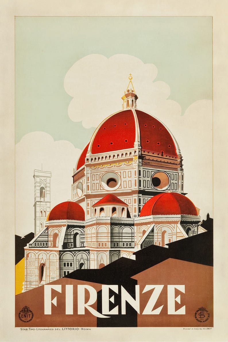 May include: A vintage travel poster featuring a red and white illustration of the Duomo in Florence, Italy. The poster has the text "FIRENZE" in bold white letters at the bottom.