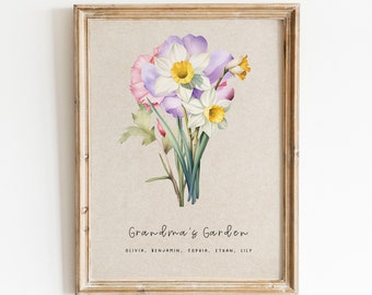 Impressão de arte de flores de jardim de vovó personalizada, presente de aniversário de Natal, impressão de jardim personalizada, mês de nascimento de flores