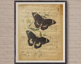 Vintage Music Sheet, Music Sheets, Butterfly Art, Musical Notes, Old Music Sheet, Music Room Decor, Musical Notes, Vintage Art, Art Print