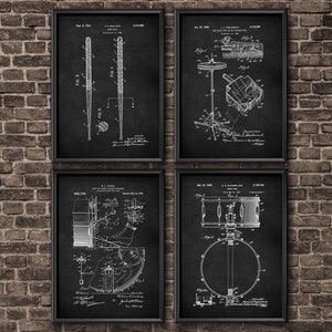 Drum Art Patent Posters Set of 4 for Music Room Wall Art, Drummer Art, Cymbal, Drum Patent, Snare Drum, Percussion