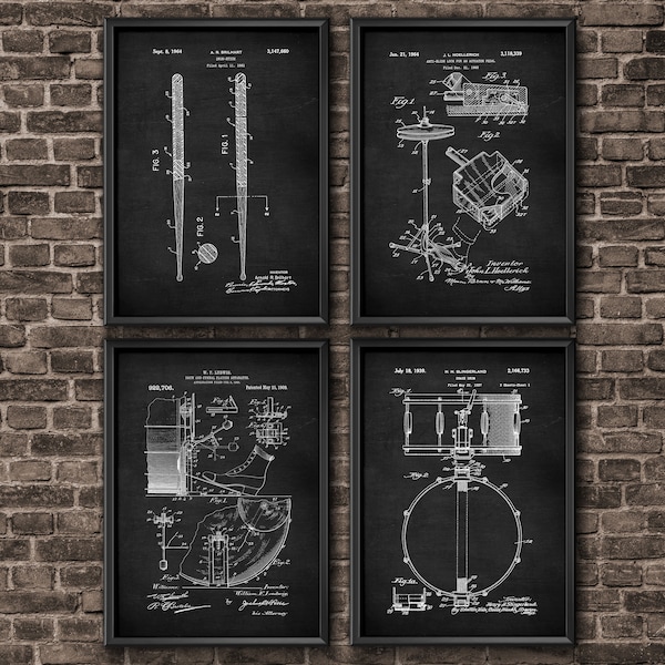 Drum Art Patent Posters Set of 4 for Music Room Wall Art, Drummer Art, Cymbal, Drum Patent, Snare Drum, Percussion