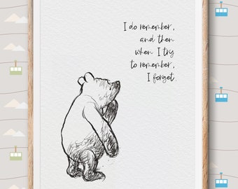 Citations de Winnie l'ourson, impression d'affiche de style vintage classique d'ours pooh - Je me souviens et j'oublie