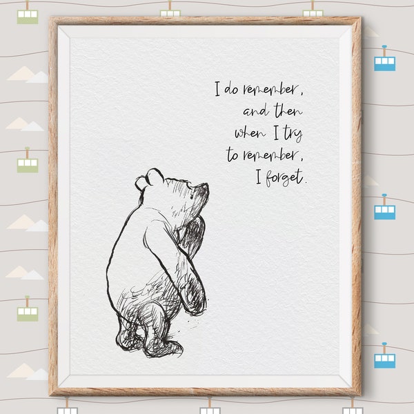 Winnie the Pooh Quotes, pooh bear classic vintage style poster print - I remember and I forget