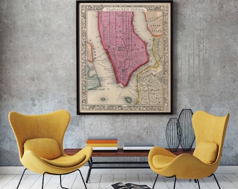Antik karta över New York City, restaureringsstil från 1860-talet