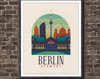 May include: A vintage-style travel poster featuring a cityscape of Berlin, Germany. The poster has a light brown background with a green and blue archway depicting the Berlin skyline. The iconic Fernsehturm television tower is prominent in the center of the skyline. The text "BERLIN GERMANY" is printed in black at the bottom of the poster.