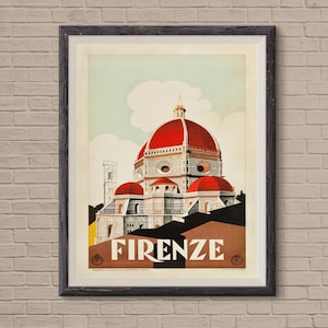May include: Vintage travel poster featuring a colorful illustration of the Duomo in Florence, Italy. The poster has a brown background with the text "FIRENZE" in white letters.