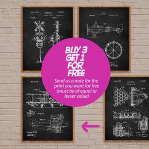 May include: Four vintage patent prints on a brick wall background. The prints are in black and white and feature a railway crossing, an aeroplane, a biplane, and a pool table. The prints are framed in wood and have a white background. The text "BUY 3 GET 1 FOR FREE" is written in pink on a white circle. The text "Send us a note for the print you want for free (must be of equal or lesser value)" is written in black below the circle.