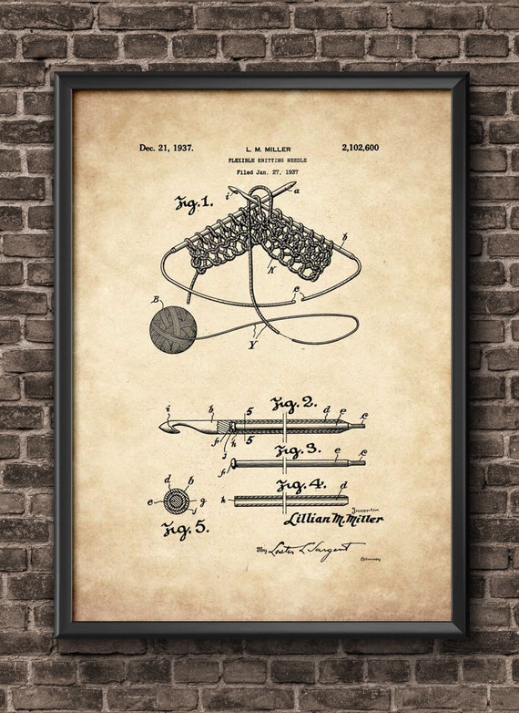 Knitting Needle Patent Print Art, Knitting Wall Art, Knitting Poster, Knit Decor, Knit Art, Sewing