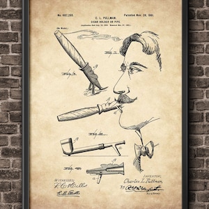 May include: A vintage patent drawing for a cigar holder or pipe, showing a man with a mustache holding a cigar in his mouth. The patent number is 687,265 and the date is November 26, 1901. The inventor is Charles L. Pullman.