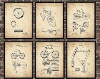Bicycle Patent Prints Set of 6, Bicycle Wall Art Posters, Cyclist Gift Idea, Cycling Wall Art, Vintage Bicycles Patent