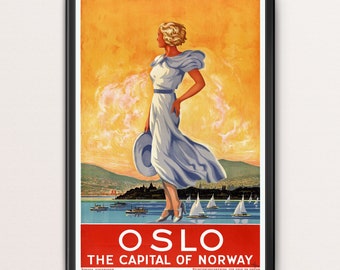 Retro travel poster, Norway, Oslo Bergen,Scandinavia, Scandinavian landscape, Nordic,art print