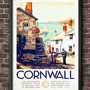 Vintage Cornwall England, vintage travel print, vintage travel decor, vintage london, england travel, vintage london, uk travel poster