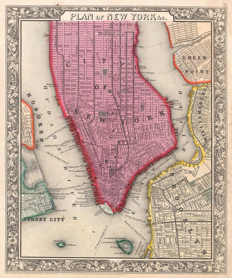 Old Map of New York City 1860 Antique Restoration Hardware Etsy