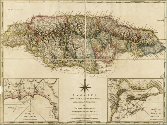 Jamaica Map Wall Art, Map of Jamaica, Jamaica Old Maps, Large Map