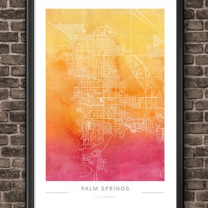 Palm Springs California Street Map Watercolor Art CIty Print California Map Art - Home Decor Gift