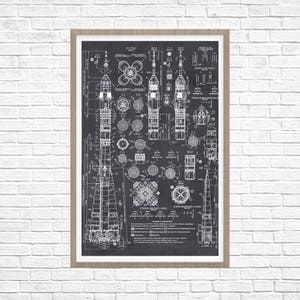 May include: A framed print featuring a detailed blueprint of a rocket, rendered in white against a dark gray background. The technical illustration includes various components, diagrams, and text, all within a light brown wooden frame. The print is displayed against a white brick wall.