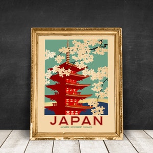 Vintage Japanese Pagoda Travel Poster, Japan Wall Art