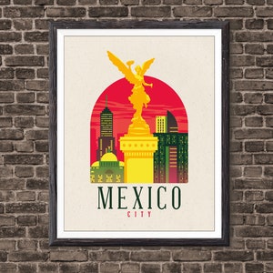Mexico Travel Art Print Mexico City Skyline Vintage Travel Gift City Prints, Home Decor