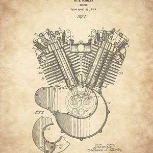 May include: A black and white line drawing of a motorcycle engine patent. The patent is for a W.S. Harley engine, filed on April 25, 1919, and granted on October 30, 1923. The patent number is 1,472,068. The drawing shows the engine in detail, with all of its parts labeled. The inventor is listed as William S. Harley.
