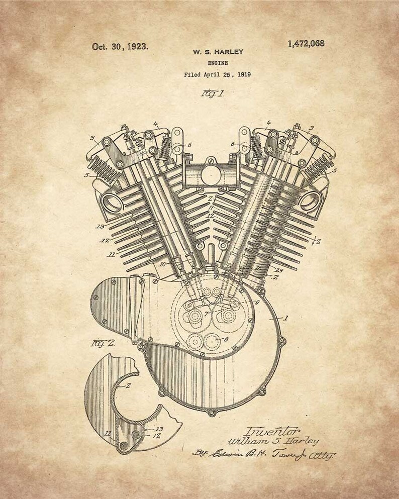 May include: A black and white line drawing of a motorcycle engine patent. The patent is for a W.S. Harley engine, filed on April 25, 1919, and granted on October 30, 1923. The patent number is 1,472,068. The drawing shows the engine in detail, with all of its parts labeled. The inventor is listed as William S. Harley.
