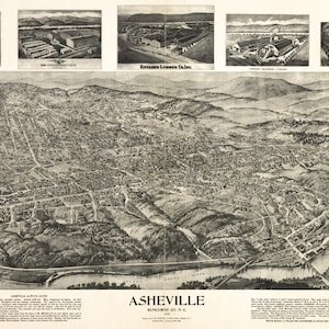 Vintage Map of Asheville North Carolina, Panoramic Map of Asheville, 1912, Wall DECAL 24X36