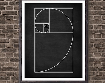 Fibonacci Espiral pared oro relación pared arte, matemáticas fibonacci números, volver a la escuela, secuencia de Fibonacci, matemáticas estudiante impresión