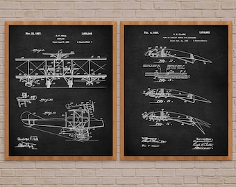May include: Two vintage black and white patent drawings for aircraft designs. The first patent is for a biplane aircraft, dated November 22, 1927, and the second patent is for a wing design for an airplane, dated February 8, 1927.