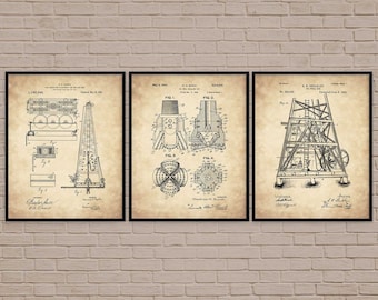 Oil Derrick, Oil Rig Patent, Set Of 3, industrial art, texas art, oil worker, oil industry, oil derrick poster, oil rig poster