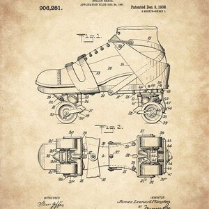 May include: A black and white line drawing of a roller skate patent from 1908. The patent drawing shows a detailed view of the roller skate, including the boot, wheels, and axles. The patent number 906,281 is visible at the top of the drawing. The patent was filed on December 24, 1907 and was granted on December 8, 1908. The inventor is listed as James Leonard Plimpton.