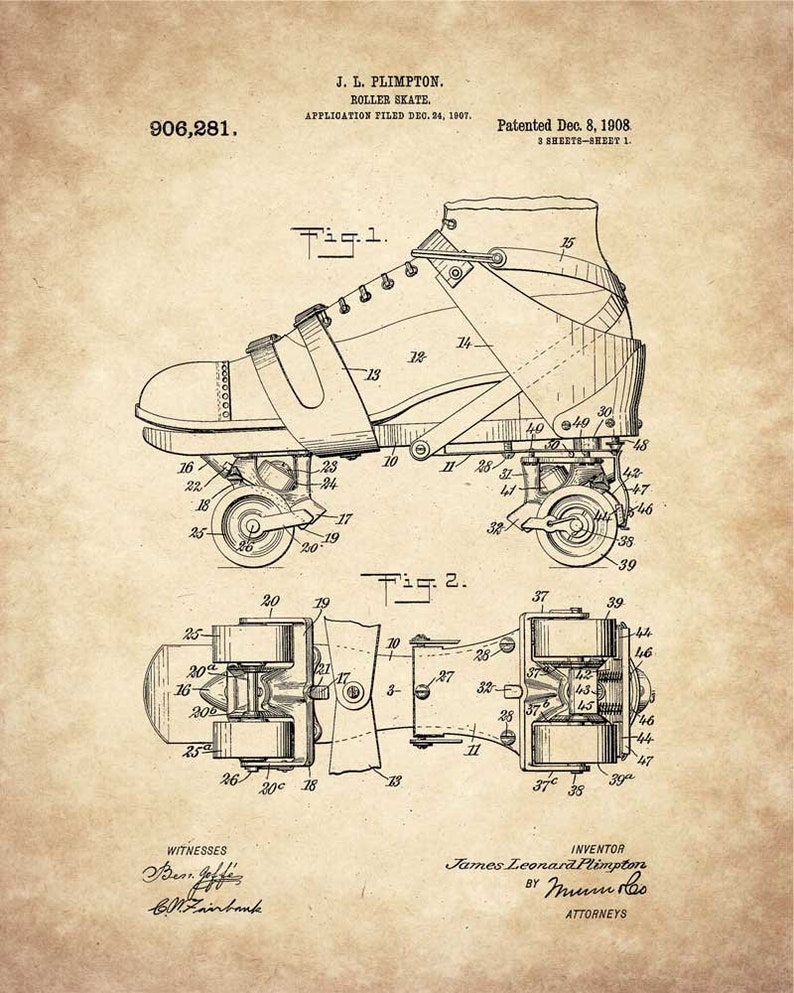 May include: A black and white line drawing of a roller skate patent from 1908. The patent drawing shows a detailed view of the roller skate, including the boot, wheels, and axles. The patent number 906,281 is visible at the top of the drawing. The patent was filed on December 24, 1907 and was granted on December 8, 1908. The inventor is listed as James Leonard Plimpton.