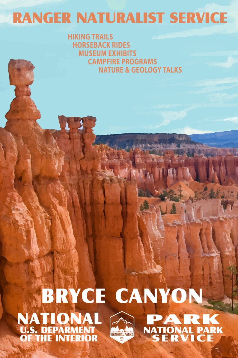 Op de afbeelding: Een vintage poster die reclame maakt voor Bryce Canyon National Park. De poster toont een schilderachtig uitzicht op de iconische hoodoos van het park, torenhoge rode rotsformaties. De tekst op de poster luidt "Ranger Naturalist Service", "Bryce Canyon National Park", "U.S. Department of the Interior", en "National Park Service".