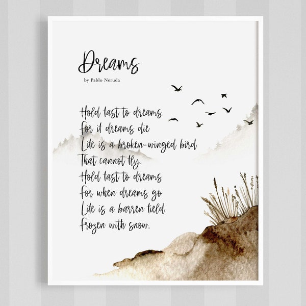 Dreams Poem by Langston Hughes poetry art print quote Bedroom decor