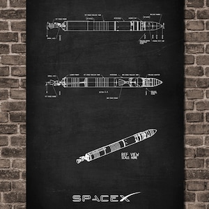 K&ouml;nnte beinhalten: Eine Schwarzwei&szlig;illustration einer SpaceX-Rakete auf einem schwarzen Tafelhintergrund. Die Illustration zeigt die Rakete in zwei verschiedenen Ansichten, mit Beschriftungen f&uuml;r jeden Teil der Rakete. Der Text "REF VIEW SCALE: NONE" und "SPACEX" sind ebenfalls in der Illustration enthalten.