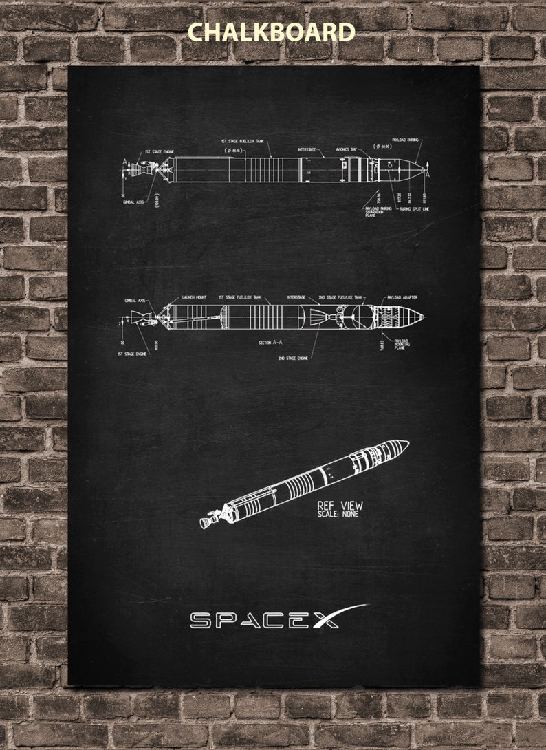 K&ouml;nnte beinhalten: Eine Schwarzwei&szlig;illustration einer SpaceX-Rakete auf einem schwarzen Tafelhintergrund. Die Illustration zeigt die Rakete in zwei verschiedenen Ansichten, mit Beschriftungen f&uuml;r jeden Teil der Rakete. Der Text "REF VIEW SCALE: NONE" und "SPACEX" sind ebenfalls in der Illustration enthalten.