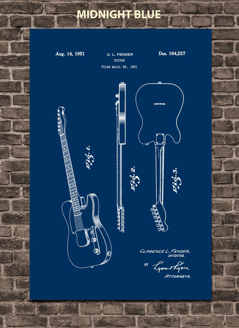 K&ouml;nnte beinhalten: Eine Vintage-Blaupause eines Gitarrenpatents, die drei verschiedene Ansichten des Instruments zeigt. Das Patent tr&auml;gt den Titel "C.L. Fender Guitar" und wurde am 23. April 1951 eingereicht. Die Patentnummer lautet Des. 164,227. Die Blaupause befindet sich auf einem dunkelblauen Hintergrund.