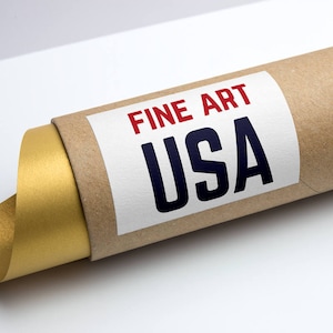 May include: A brown cardboard tube with a gold-colored paper inside. The tube has a white label with the text "FINE ART USA" in red and blue lettering.