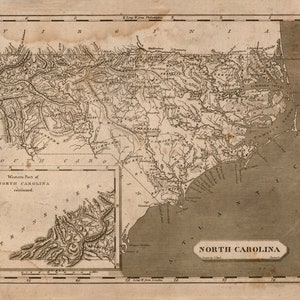 North Carolina Map, Antique Map Art Print, Map Decor, State Map, Carolina Decor