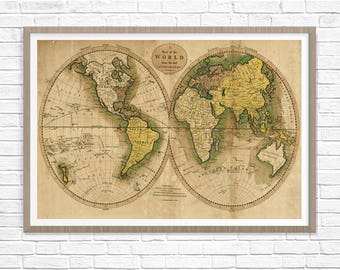 Vintage World Map, Old World Map 1795, Historic Map, Antique Restoration Hardware Style World Map, Old Fine Art Print, World Map Wall Decor