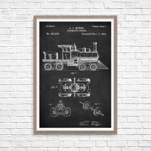 May include: Black and white vintage patent drawing of a locomotive engine. The drawing shows a side view of the engine, as well as detailed diagrams of its internal workings. The patent number is 462,556 and the date is November 3, 1891.